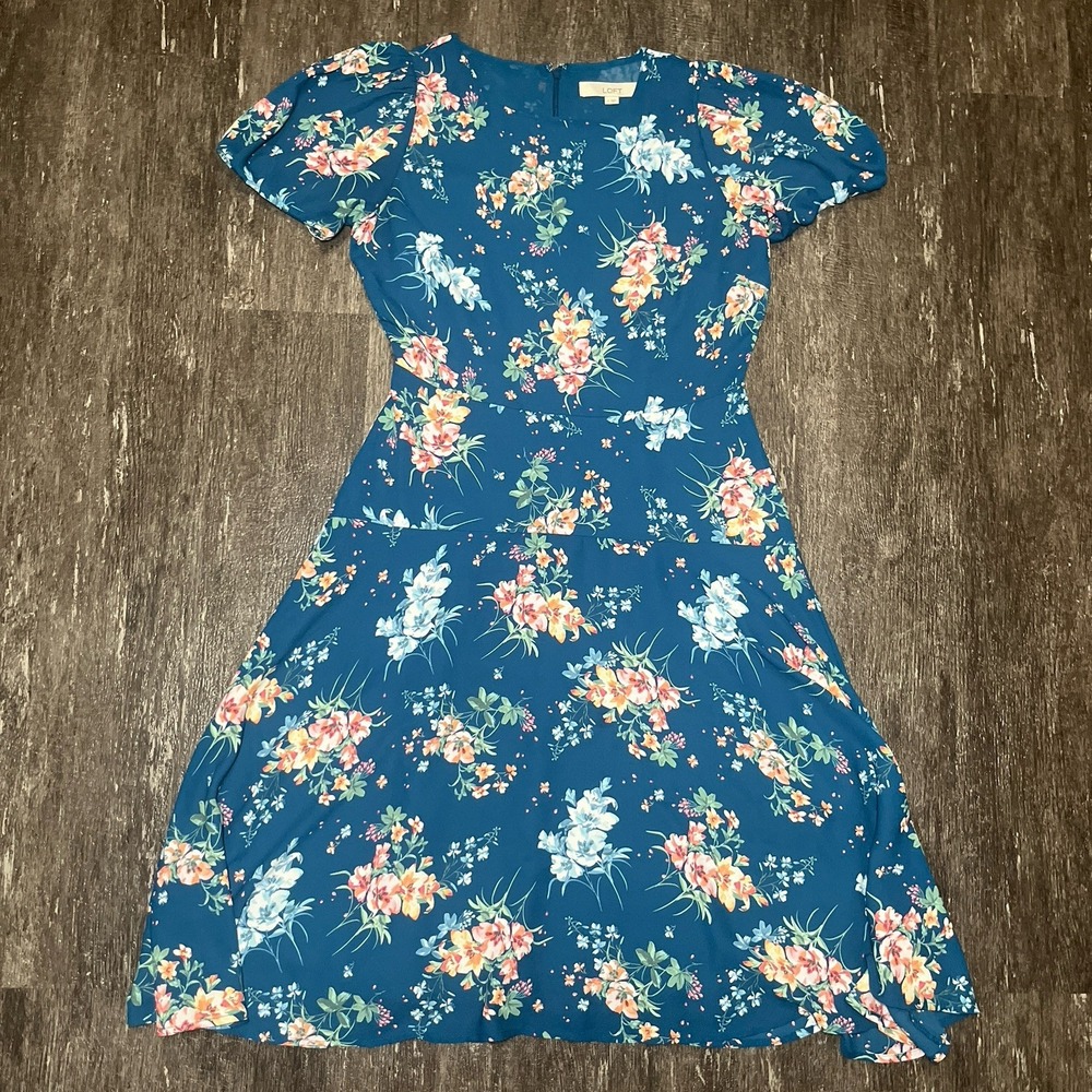 LOFT Dress Womens 2 Blue Floral Print Short Sleeve Dress Flared